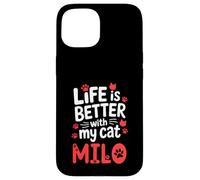 Carcasa para iPhone 15 Nombre del Gato Milo La Vida es Mejor con mi Gato Milo
