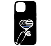 Carcasa para iPhone 15 Nurse Police Wife Officer Thin Blue Line Heart Flag Black