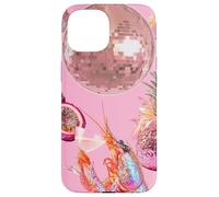 Carcasa para iPhone 15 Pink Preppy Disco Ball Camarones Martini Cóctel Verano Divertido