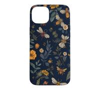 Carcasa para iPhone 15 Plus Abejas y Flores Silvestres en Azul Oscuro