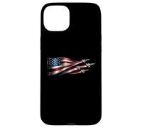 Carcasa para iPhone 15 Plus American Patriotic Fighter Jets USA Flag ondeando el 4 de Julio