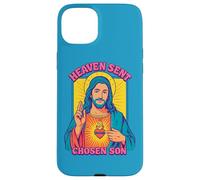 Carcasa para iPhone 15 Plus Anime Manga Jesús Sagrado Corazón Cristiano Retro Pop Art Azul
