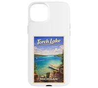 Carcasa para iPhone 15 Plus Arte de Viaje Retro de Michigan Torch Lake Traverse City Up North