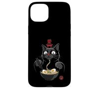 Carcasa para iPhone 15 Plus Black Cat Eating Ramen Noodles Japan Kanji Love Anime Design