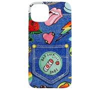 Carcasa para iPhone 15 Plus Blue Denim Patch Pattern Bad Luck Babe 90s Diseño estético
