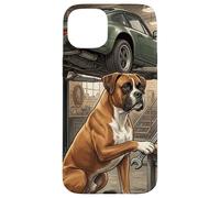 Carcasa para iPhone 15 Plus Boxer Dog Mechanic Garage Escena de reparación de Coches clásicos