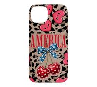 Carcasa para iPhone 15 Plus Brown Cheetah America Girls con Estampado de Leopardo, Cereza y Lazo