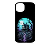 Carcasa para iPhone 15 Plus Casa embrujada Luna de Sangre Arte de Grabado en Madera