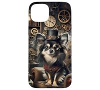 Carcasa para iPhone 15 Plus Chihuahua de Pelo Largo Steampunk Científico Loco