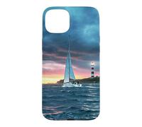Carcasa para iPhone 15 Plus Coastal Lighthouse Sailboat Ocean Sunset Scenic Artwork