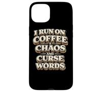 Carcasa para iPhone 15 Plus Corro con café Caos Palabras malditas Regalo Divertido para