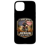 Carcasa para iPhone 15 Plus Corro con Jesús en mi corazón American Dirt Bike Rider USA