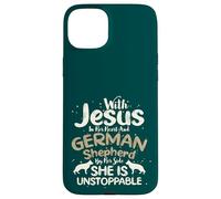 Carcasa para iPhone 15 Plus Cristianismo Jesús Corazón Pastor Alemán a Lado Cristiano