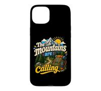 Carcasa para iPhone 15 Plus Divertida Mochila de Senderismo The Mountains Are Calling Pines Trees