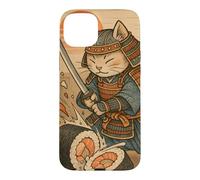 Carcasa para iPhone 15 Plus Divertido Sushi Samurai Cat Dojo Puesta de Sol Ukiyo-e Manga Kanji Art