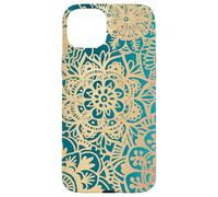 Carcasa para iPhone 15 Plus Elegante patrón de Flores Mandala Amarillo Verde Azulado