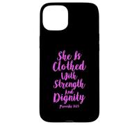Carcasa para iPhone 15 Plus Ella está Vestida con Fuerza dignidad versículo bíblico