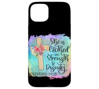 Carcasa para iPhone 15 Plus Ella está Vestida de Fuerza y dignidad Escritura Cristiana