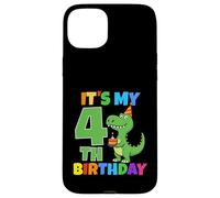 Carcasa para iPhone 15 Plus Es mi Cuarto cumpleaños, Dinosaurio T-Rex, Divertido niño de 4 años