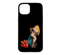 Carcasa para iPhone 15 Plus Fantasy Barbarian Pinup Woman Red Baby Dragon Tugging Skirt