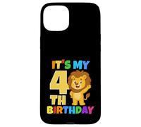 Carcasa para iPhone 15 Plus Fiesta temática de Safari de león de 4º cumpleaños con Texto en inglés It's My 4th Birthday