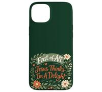 Carcasa para iPhone 15 Plus First of All Jesus Thinks I'm A Delight Christian Floral