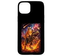 Carcasa para iPhone 15 Plus Funny Coffee Orange Cat Riding T-Rex in Cosmic Galaxy UFO