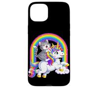 Carcasa para iPhone 15 Plus Gato Montando Unicornio Arco Iris Fantasía Lindo