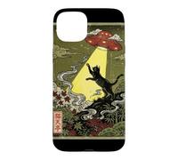 Carcasa para iPhone 15 Plus Gato Negro UkiyoE Abducción UFO Arte Único