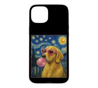 Carcasa para iPhone 15 Plus Golden Retriever Art Dog soplando Chicle Rosa