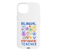 Carcasa para iPhone 15 Plus Gráfico bilingüe de Aula Floral para Profesor portugués