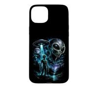 Carcasa para iPhone 15 Plus Gráfico Misterioso de Ciencia ficción sobre secuestro de ovnis alienígenas, Encuentro cósmico