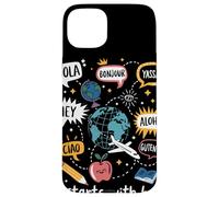 Carcasa para iPhone 15 Plus It Starts with Hello Saludos Multilingües Aula Profesor