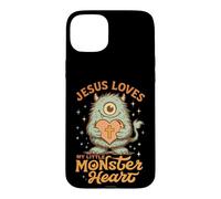 Carcasa para iPhone 15 Plus Jesús ama Adorable Cruz de corazón Monstruo