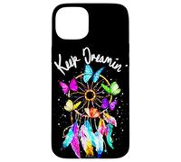 Carcasa para iPhone 15 Plus Keep On Dreamin - Atrapasueños con Plumas de Mariposas Coloridas
