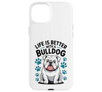 Carcasa para iPhone 15 Plus La Vida es Mejor con un Bulldog, Perro matón Blanco