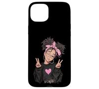 Carcasa para iPhone 15 Plus Linda Chica Signo de Paz Pelo Rizado Divertido gráfico juguetón Trippy