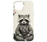 Carcasa para iPhone 15 Plus Lindo Mapache samurái Sentado bajo Flores de Cerezo Arte de Tinta