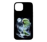 Carcasa para iPhone 15 Plus Loro Indio Ringneck Aullando a la Luna 90's Retro Bird