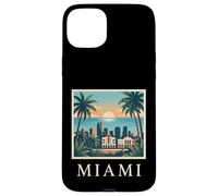 Carcasa para iPhone 15 Plus Miami, Florida, costero, Ciudad, Horizonte, Retro, Puesta de Sol, Playa, Palmera