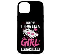 Carcasa para iPhone 15 Plus Mujer de Cornhole, Divertida, Lanzo como una niña, Trato de Mantener el Ritmo