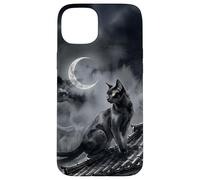 Carcasa para iPhone 15 Plus Nekomata Yokai Gato Negro Luna Creciente Arte Sumi-e