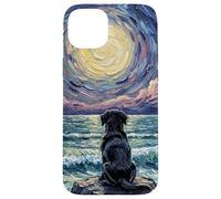 Carcasa para iPhone 15 Plus Obra de Arte Black Labrador Starry Night Puppy at The Beach