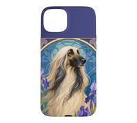 Carcasa para iPhone 15 Plus Perro Afgano Vintage con Flores de Iris púrpura