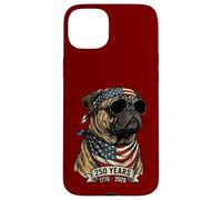 Carcasa para iPhone 15 Plus Perro Pug con Bandera Estadounidense 250 años 1776-2026 Bicentenario de EE. UU.