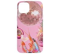 Carcasa para iPhone 15 Plus Pink Preppy Disco Ball Camarones Martini Cóctel Verano Divertido