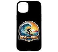 Carcasa para iPhone 15 Plus Rise and Ride Surfer Mañana Surfing Tabla de Surf Cita Vintage