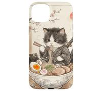 Carcasa para iPhone 15 Plus Samurai Ninja Cute Cat Ramen Bowl Japonés Acuarela Japón