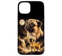 Carcasa para iPhone 15 Plus Serene Pug Dog Moonlit Bosque Cascada Arte Canino