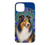 Carcasa para iPhone 15 Plus Sheltie Dog Art Nouveau Iris Diseño Floral